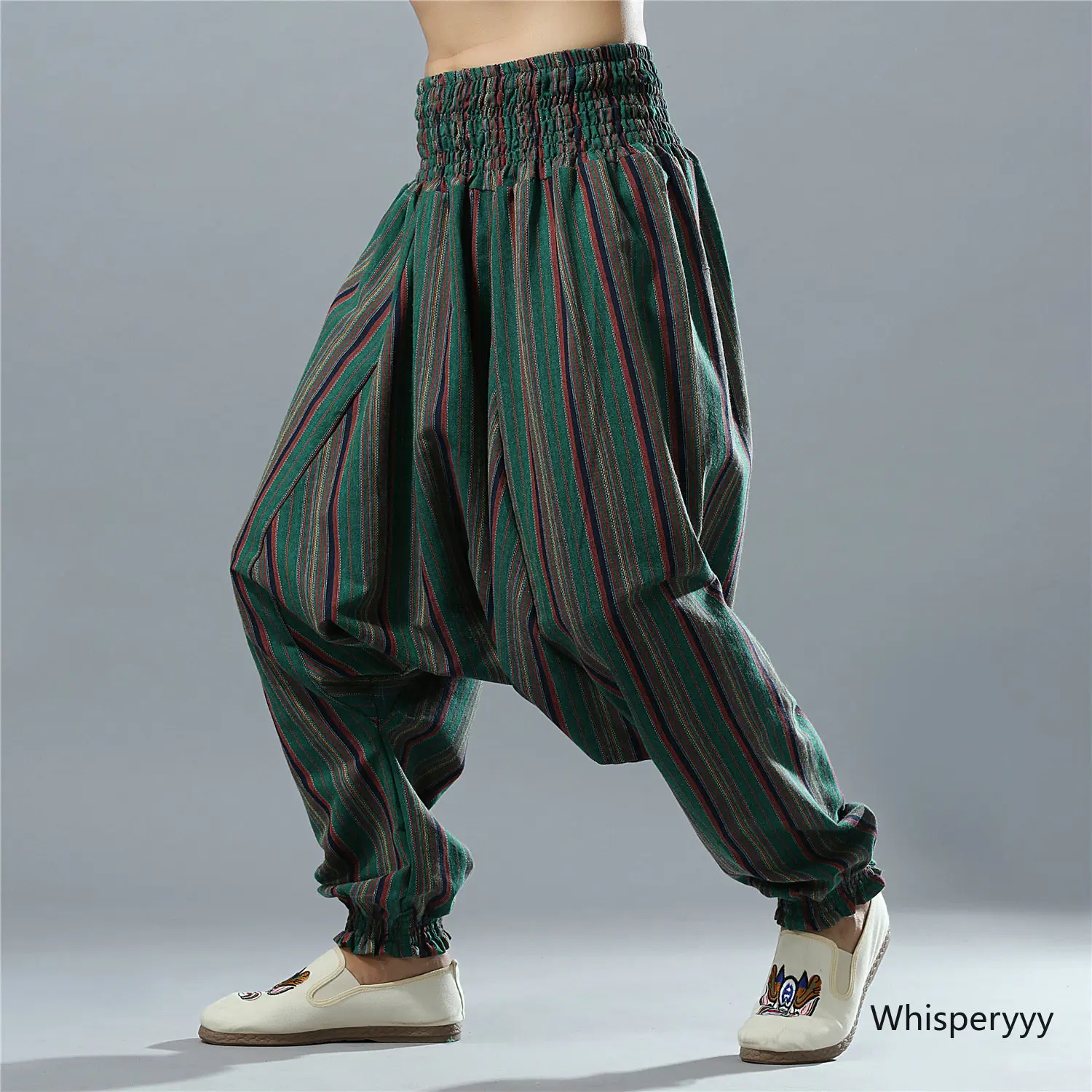 Striped Cross Pants Cotton Linen Crotch Pants Men Fashion Casual