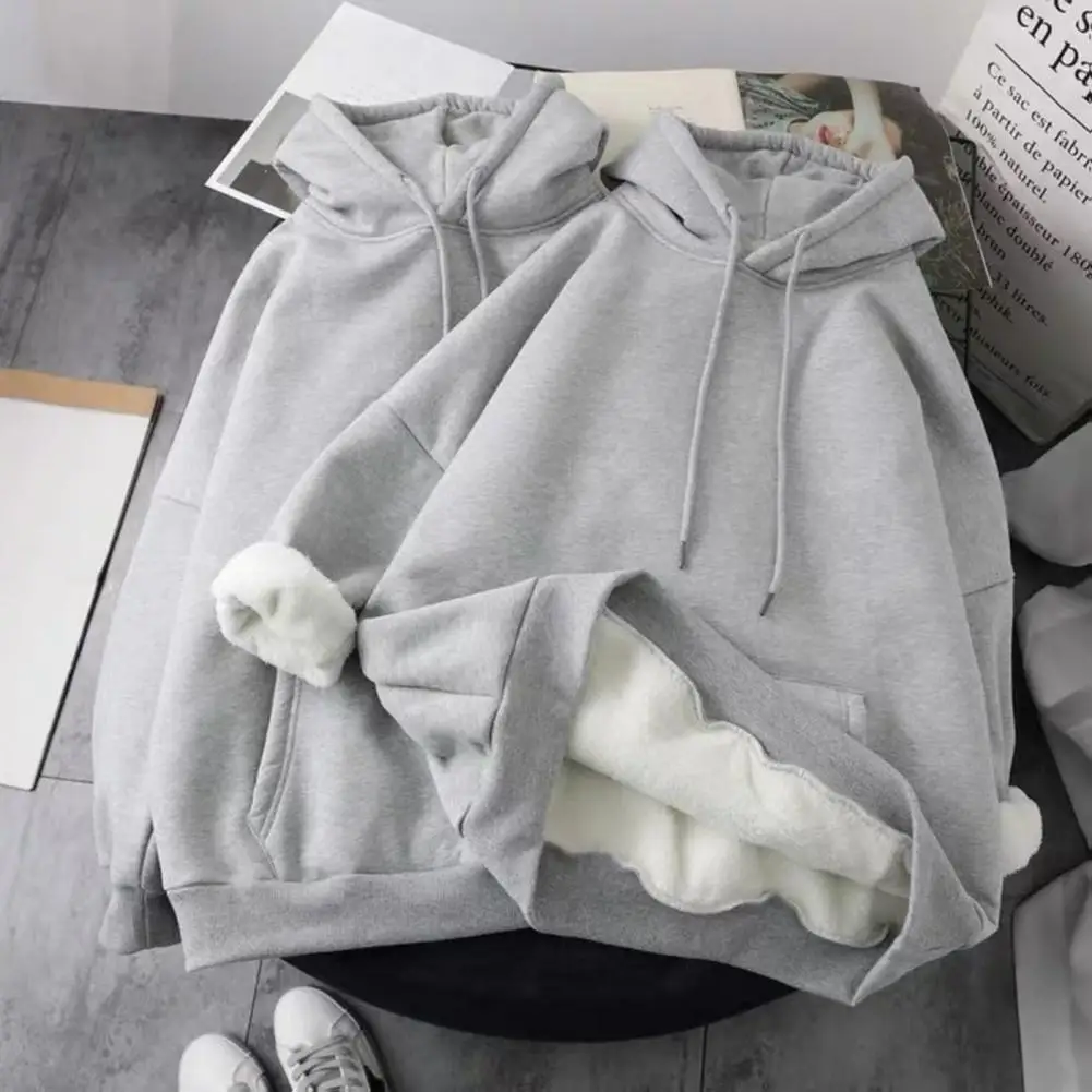 

Women Winter Hoodie Thicken Plush Long Sleeves Solid Color Hooded Keep Warm Pullover Casual Lady Autumn Hoodie for Daily Wear