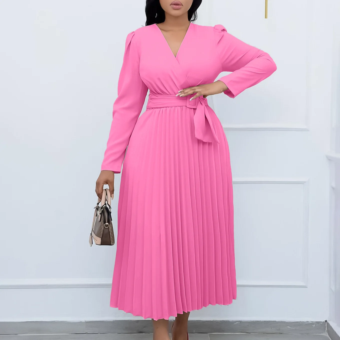 

2024 African Pleated Dresses For Women Autumn Chiffon Long Sleeve V-neck Collar High Wait With Blet Solid Elegant Dress Vestidos