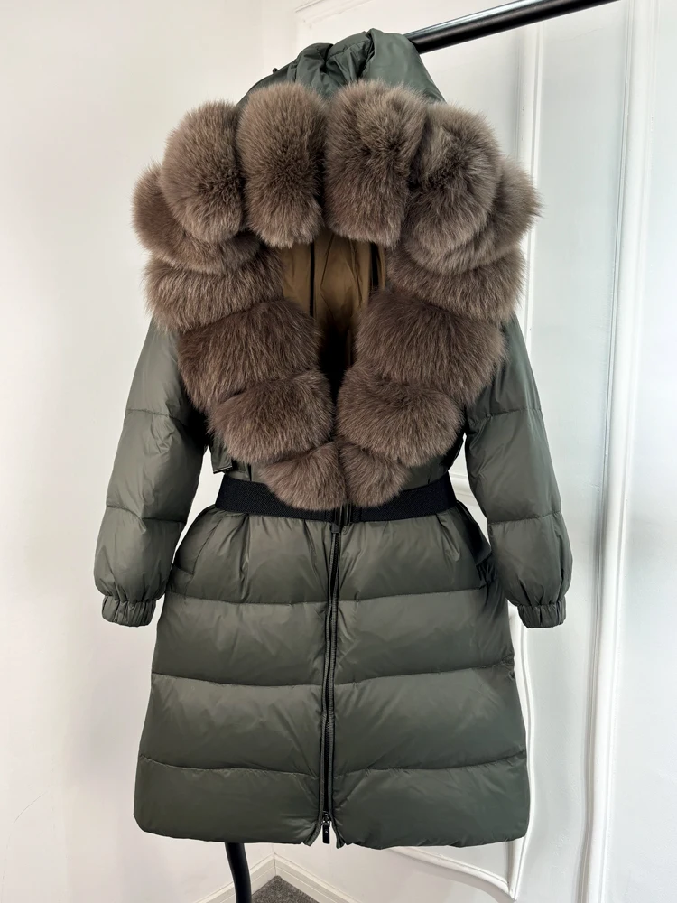 2025 New Natural Thick Warm 90% White Duck Down Coat Long Winter Jacket Women Real Big Fox Fur Collar Belt Loose Puffer Parka