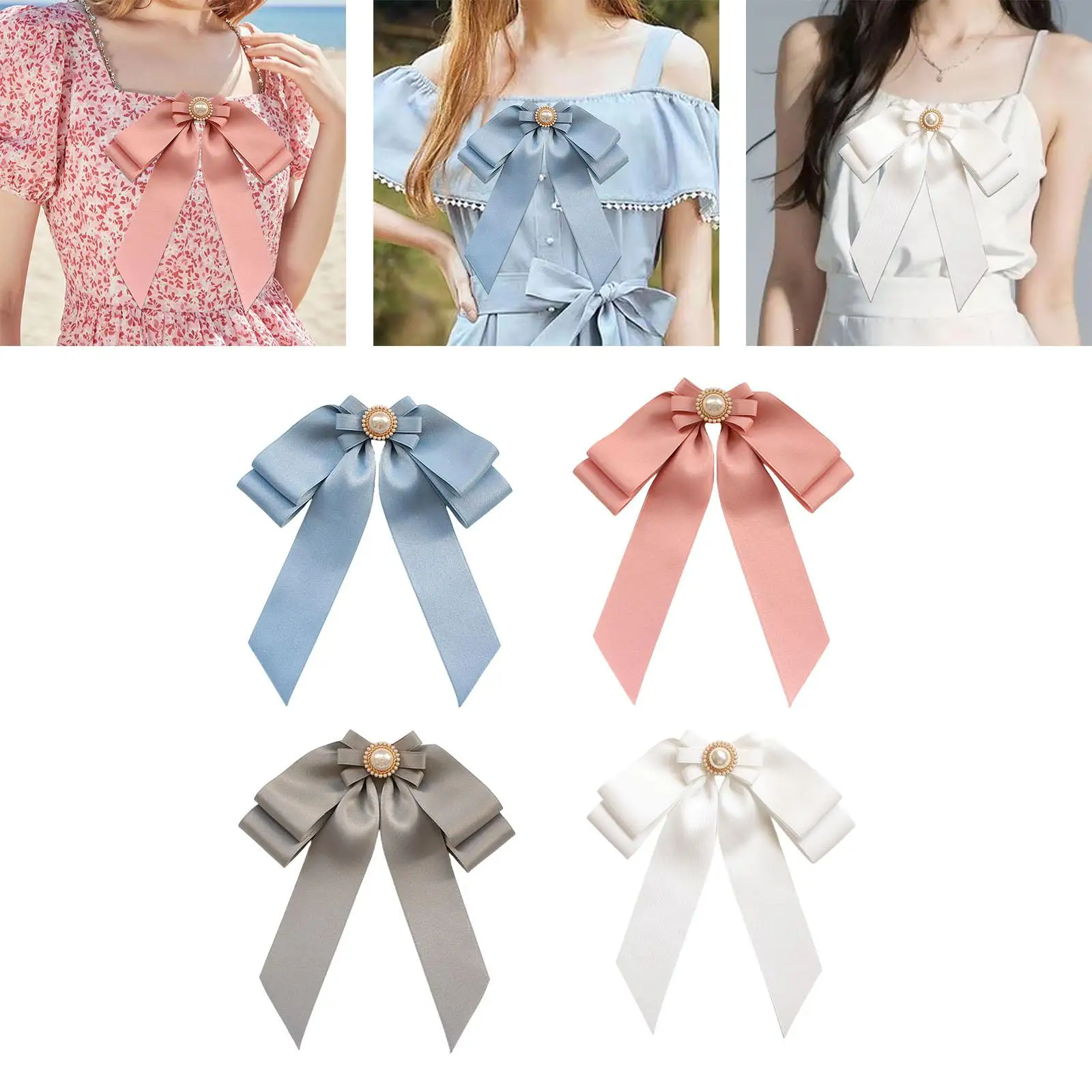 

Women Pre Tied Bowknot Brooch Ribbon Brooch Stylish Necktie Pin Bead Bow Tie Brooch Pin for Hat Blouse Dress Holiday Banquet