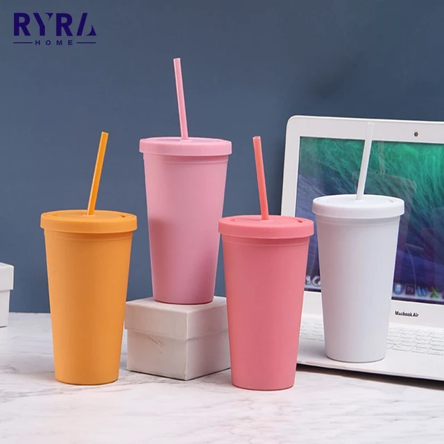 Reusable Iced Coffee Cup (16 Oz/grande), Leak Proof and Double Wall Insulated Iced Coffee Tumbler, Come with Reusable Plastic and Metal Straws and Str