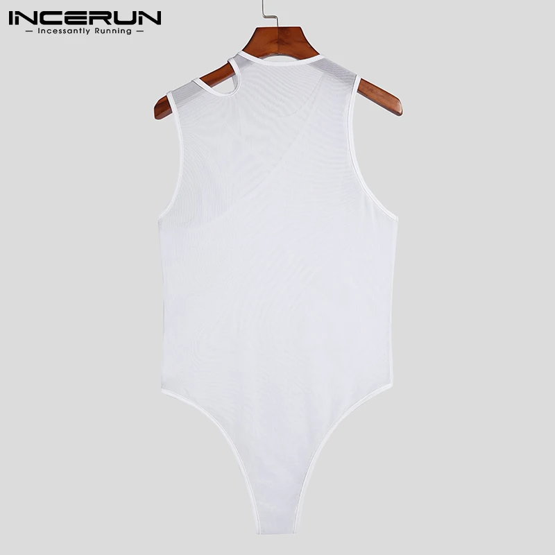 INCERUN 2022 Comfortable Homewear Men's Jumpsuit See-through Mesh Solid Color Male Irregular Sleeveless Triangle Bodysuits S-5XL mens pajama bottoms