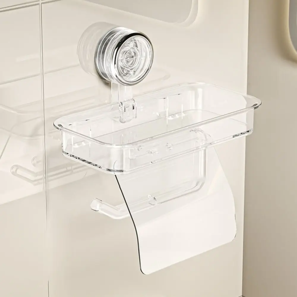 Waterproof PET ABS toilet paper holder showing suction cup detail and bathroom installation