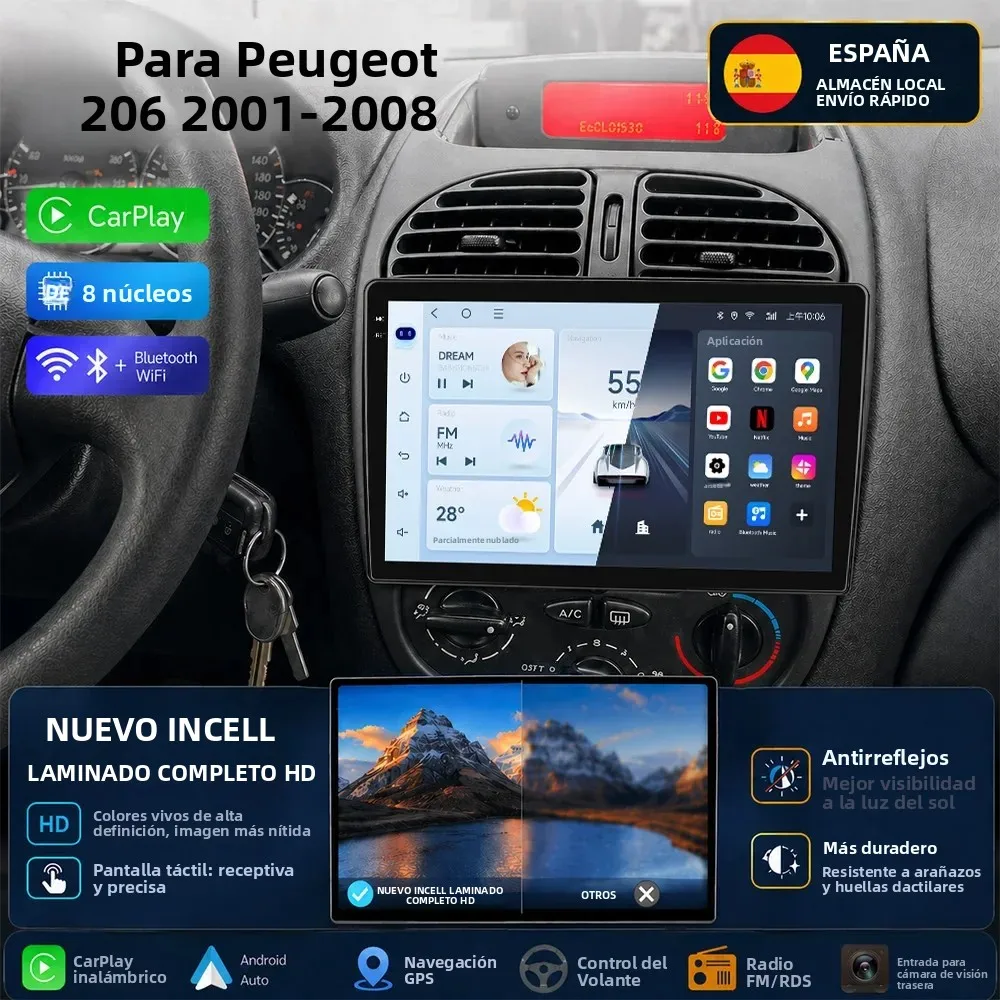 Radio para Auto con CarPlay Inalámbrico para Peugeot 206 206CC 206SW 2001-2008, Pantalla Táctil Inteligente HD con Laminación Completa Incell 1