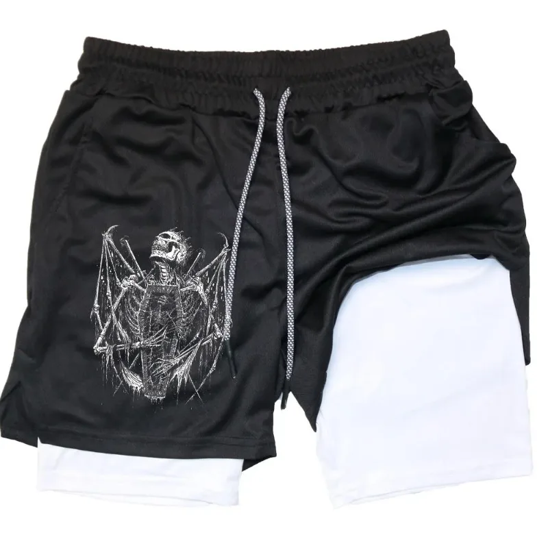 Y2K Performance Men Quick-drying Fitness Skull Print Double Layer Shorts Workout Training Running Bodybuilding work short pants 6