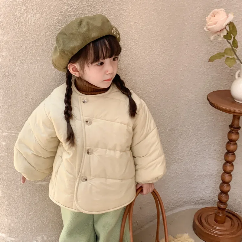 

Parkas Girls Cotton Coat Winter Baby Velvet Thick Coat Korean Children Clothing Loose Fitting Bread Jacket Round Collar