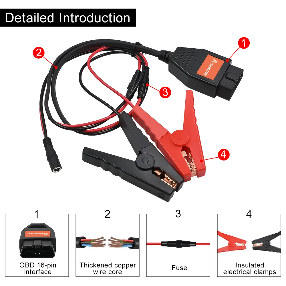 Aermotor Power Supply Tool Battery  Connectors Emergency Power For OBDII 2in1 Automotive Memory Protector 2