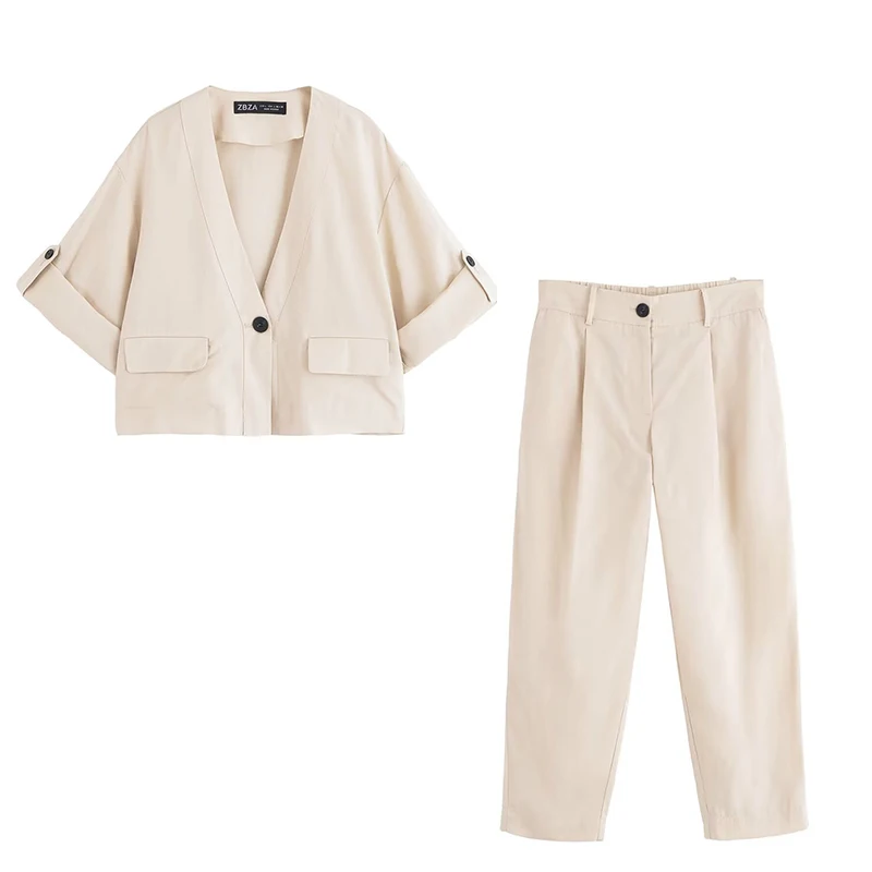 Pleated Pants 2 Pieces Sets For Women Short Sleeve V Neck Jacket High Waist Trousers Women's Suit 2025 Casual Woman Outfits