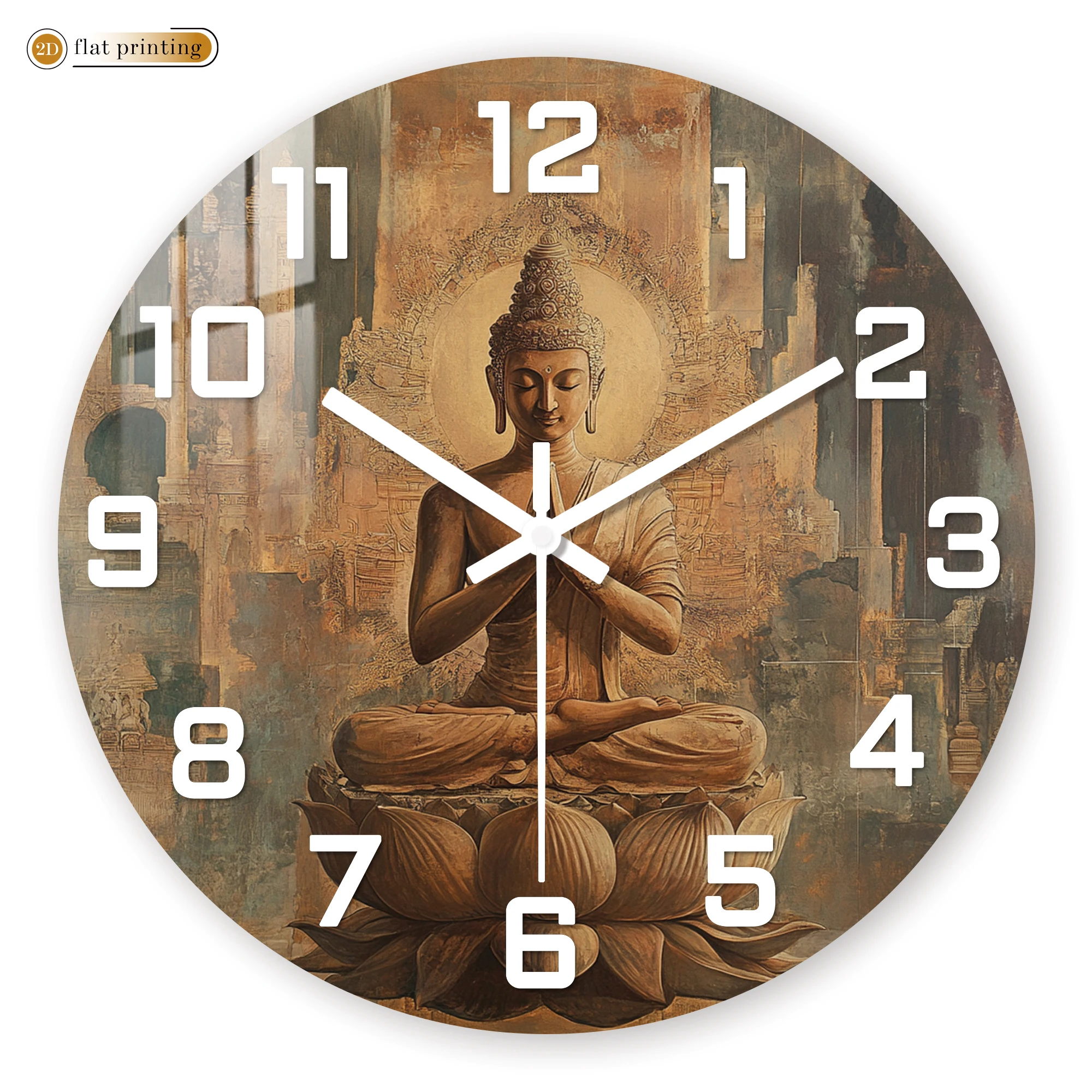 שעון קיר פסל בודהה מתווכח - רקע וינטאג' מודפס בשני מימדים - שעון קישוט זן שקט ולא מדביק