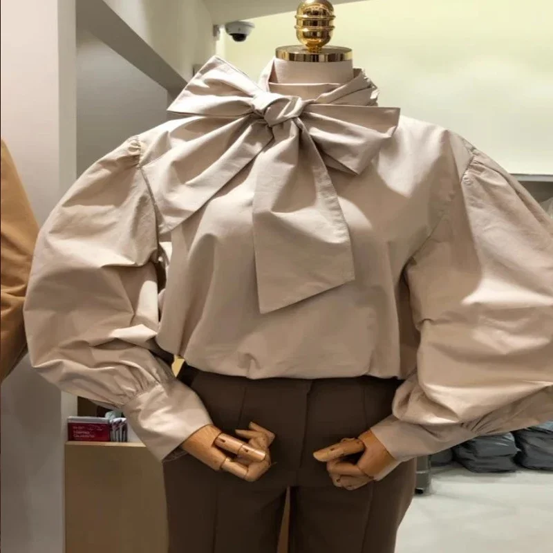 

Новая блузка с длинным рукавом-фонариком и воротником-бантом Женская корейская мода элегантная Милая рубашка офисная Повседневная Свободная одежда Блузы 30079