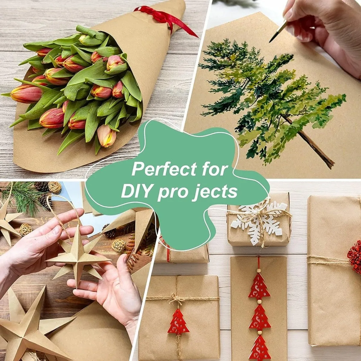 1 Roll of Brown Eco Kraft Paper, Wrapping Paper Roll, Fully Recyclable Gift Wrap for Packing, Arts and Crafts, Gift Wrapping