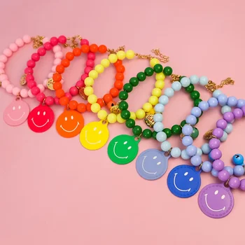 Fashion Macron Colored Pearl Pet Collar Handmade Elastic Necklace with Smiling Face Bell Decoration for Dog Cat Pet Supplies