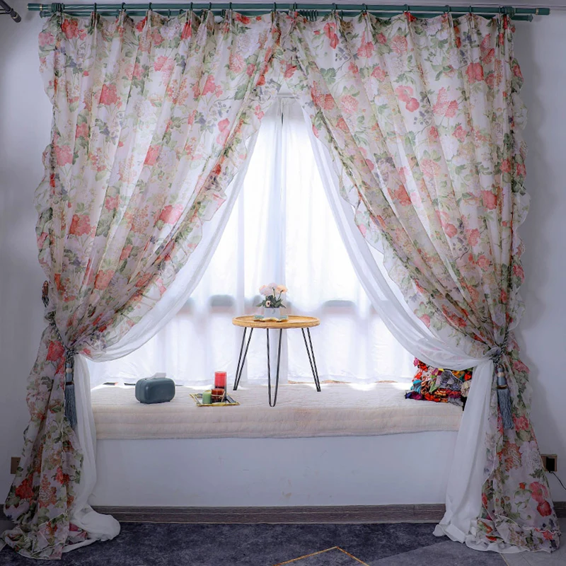 Rideaux en Tulle pur à fleurs pastorale, pour chambre à coucher, dentelle à volants romantique, Voile translucide pour fenêtre, pour balcon