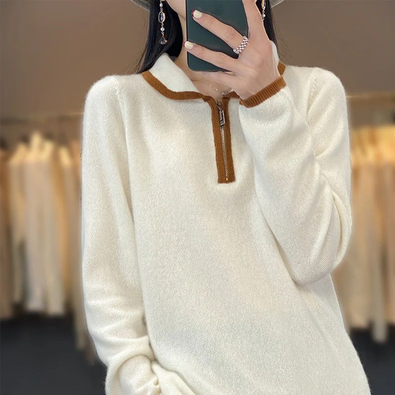 

100% Wool sweater New pullover Women's long sleeve knitting solid color lapel sweater Fashion simple cashmere sweater Multi colo