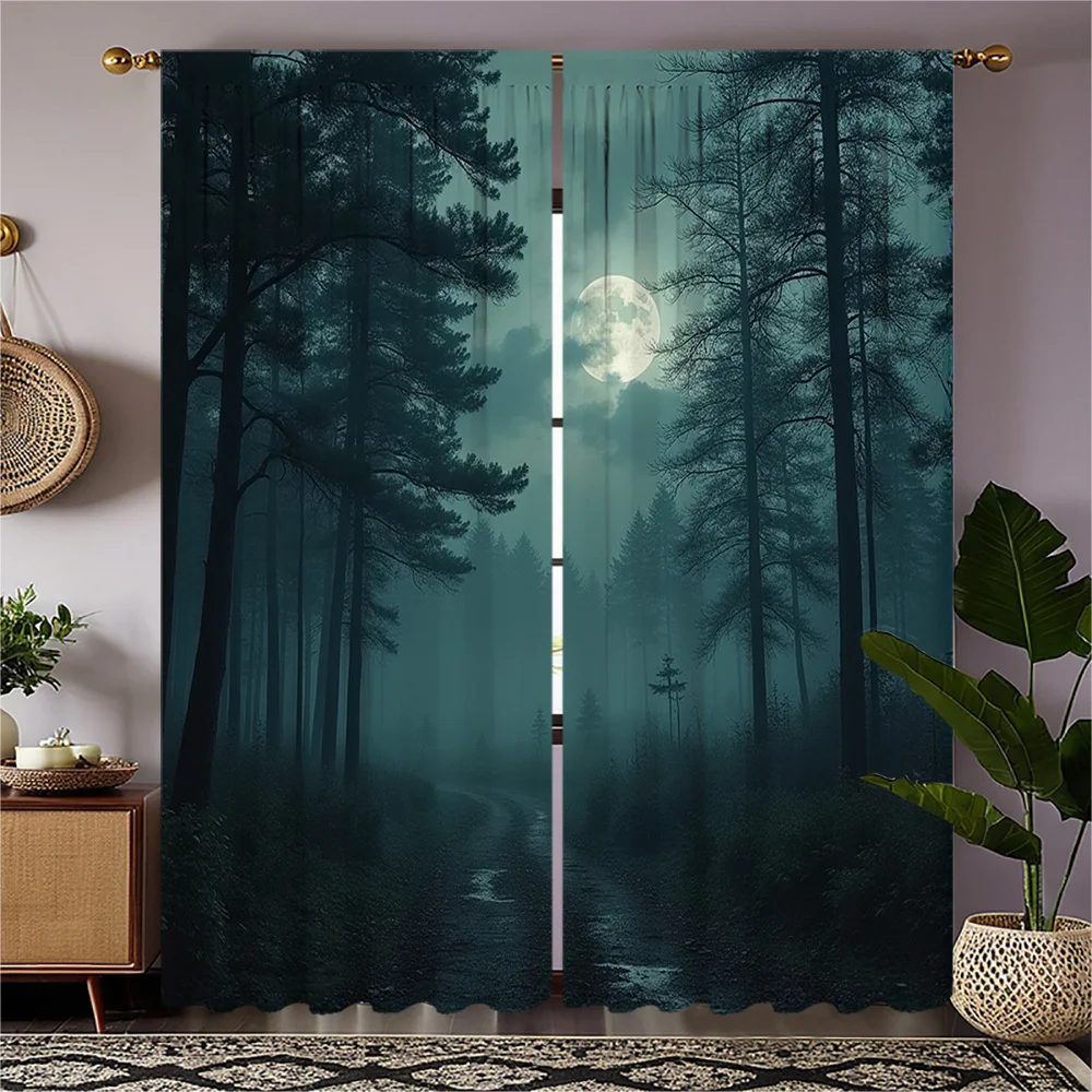 ผ้าม่านพิมพ์ลายดิจิตอล HD 2 ชิ้น - ป่ามืดยามค่ำคืนแสงจันทร์ ซีรีส์ป่าสำหรับตกแต่งห้องนอน ตกแต่งบ้านสร้างบรรยากาศเทศกาล 1