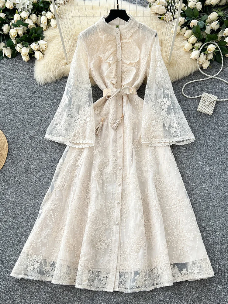 Vintage floral embroidery long shirt dress Women's 2025 New See-through  organza midi dress with belt Beige Sexy Luxury 5D113 - AliExpress 200000345