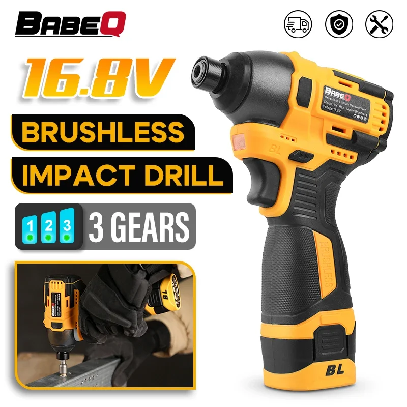 BABEQ 16.8V Brushless Electric Screwdriver 3 Speed Regulation Cordless Impact Drill Handheld Rechargeable Li-ion Repairing Kits