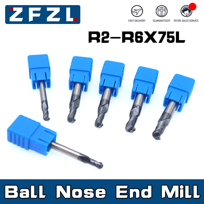 

1PCS HRC50 Ball Nose End Mill 2 Flutes R0.5-R3 75L Milling Cutter Alloy Coating Tungsten Steel Tool Cnc Maching Endmills