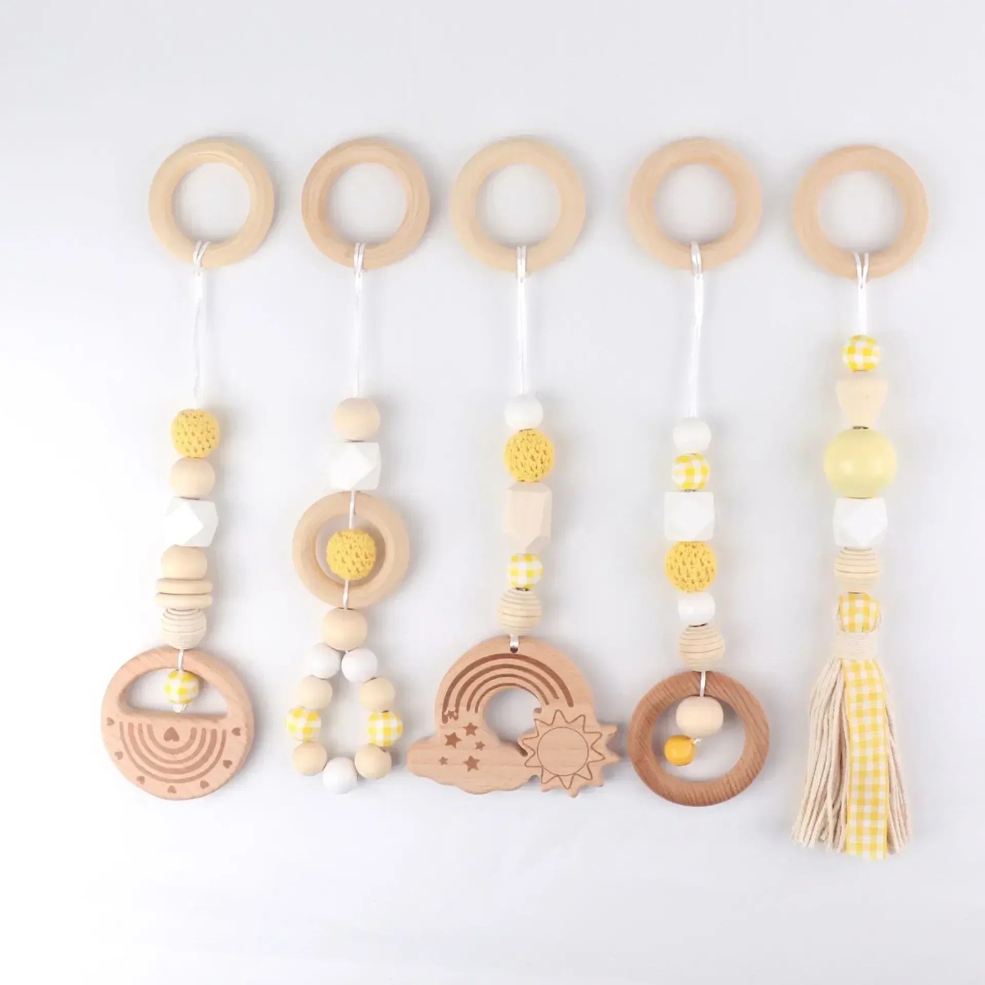 5pcs Wooden Beech Activity Gym Frame Stroller Hanging Pendants Toys Teether Ring Nursing Rattle Room Decor Baby Play Gym Frame