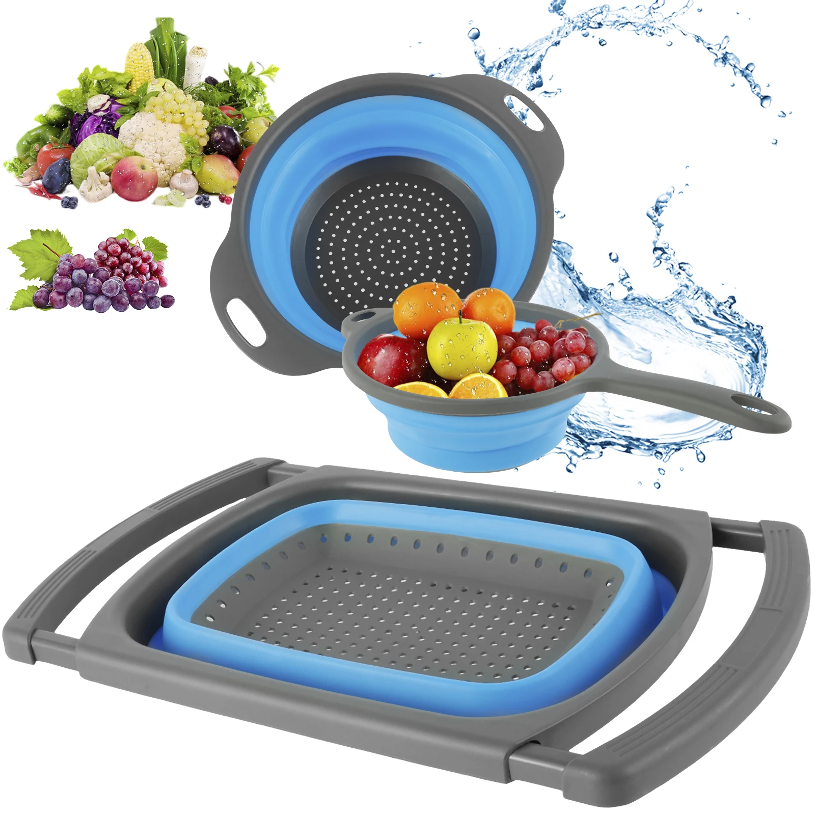 

3Pcs Collapsible Colander Food-Grade Foldable Strainer with Handle Washable Space Saving Extendable Drain Basket Vegetables