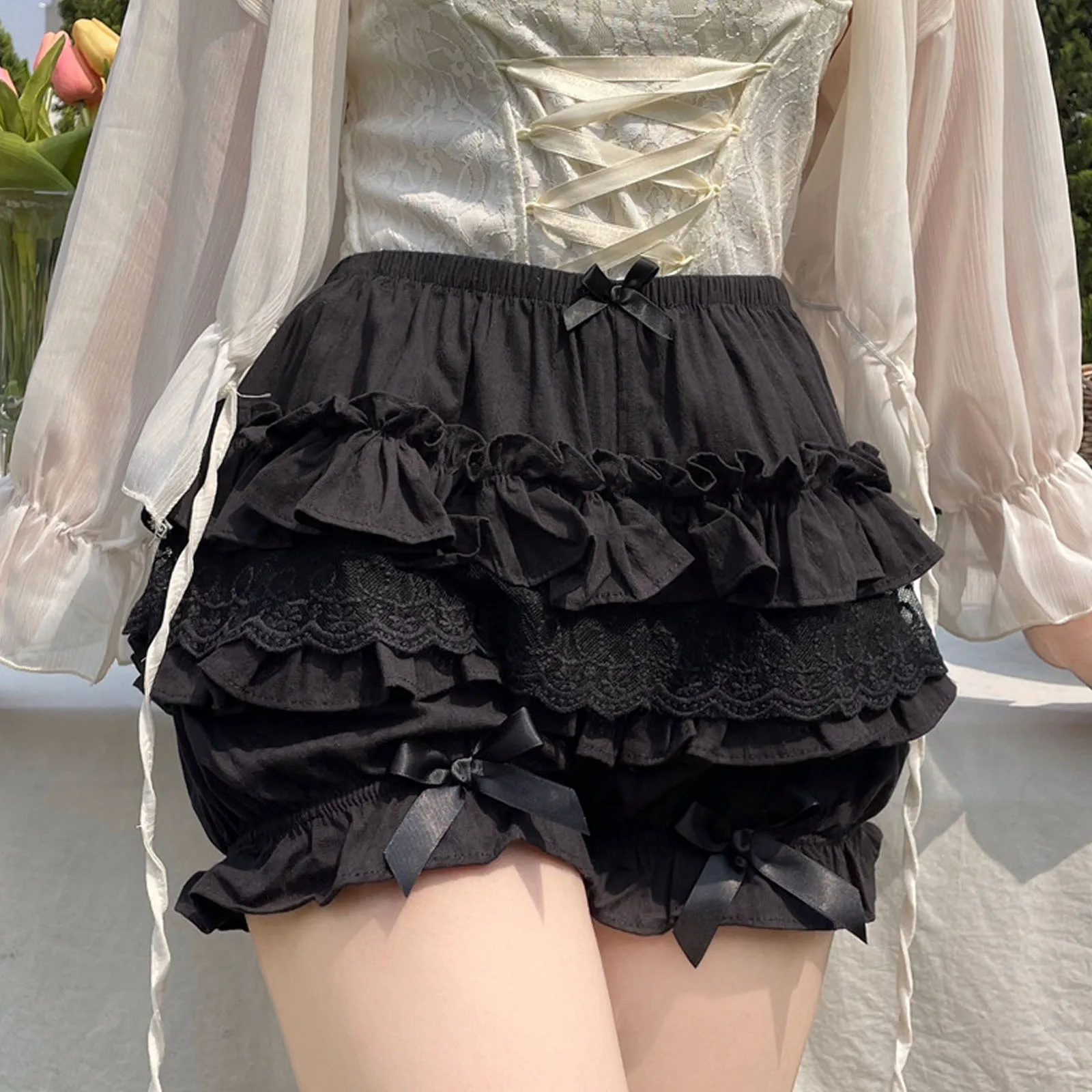Black White Lolita Short Ruffle Knickers Lace Panties,Nylon Bloomer Slip Pants