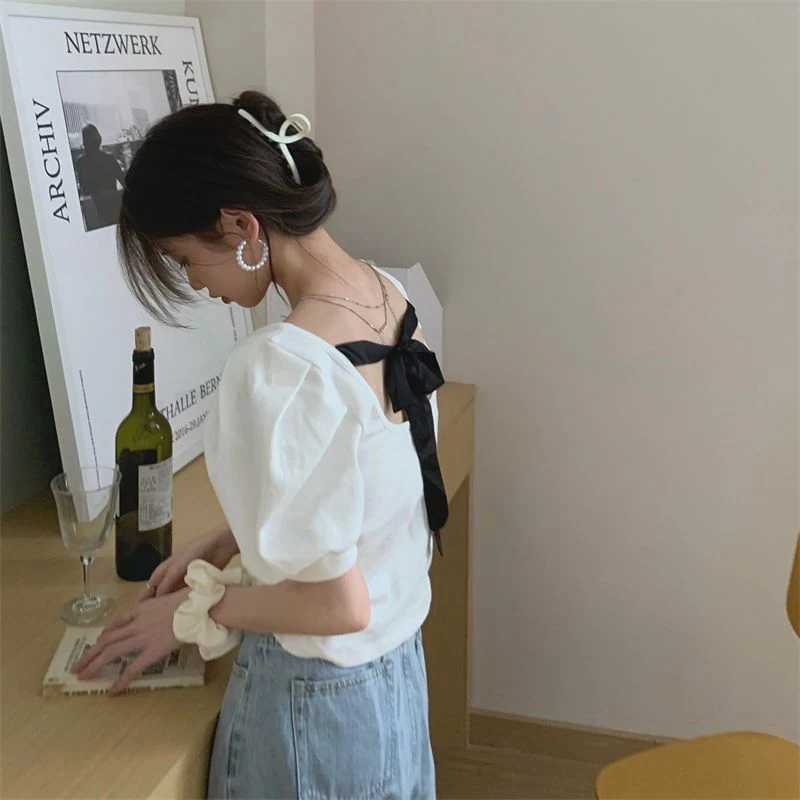 MEXZT 여성용 빈티지 화이트 블라우스, 백리스 퍼프 슬리브 셔츠, 한국 우아한 활 붕대, 슬림 캐주얼 심플 올 매치 탑, 여름