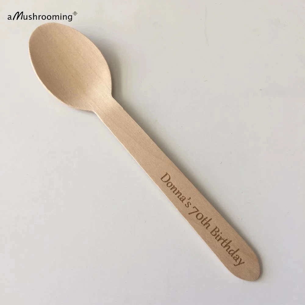 Customized Wood Spoon Engraved Spoons Biodegradable Disposable Dessert Cake Spoons Birthday Cake Dinner Eco-friendly