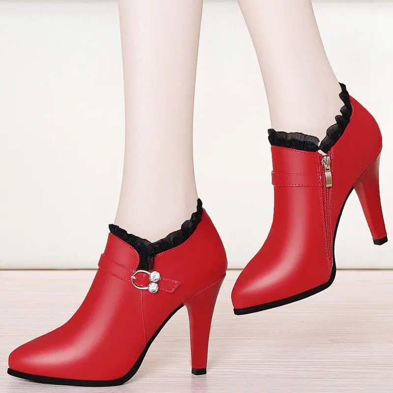 

2022 Winter Super High Heels Ankle Boots Women Dress Shoes Lace Pointed Toe Botas Mujer Rhinestone Booties Gladiator Black