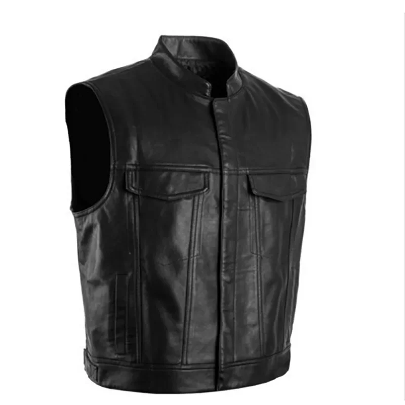 1Men Vest Black Biker Motorcycle Hip Hop Waistcoat Male Faux Leather Punk Spring Sleeveless Leather Vest Plus Size Loose Casual