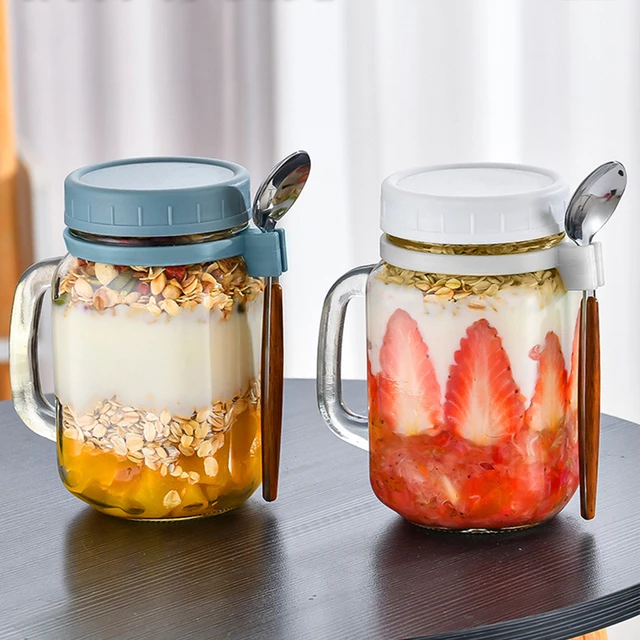 2pcs Glass Oatmeal Cup With Aluminum Lid And Spoon, Leak-Proof