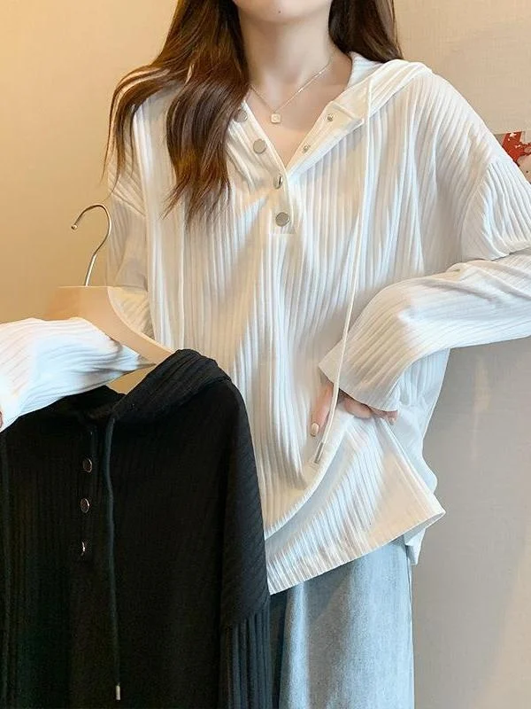 여유로운 스타일 단색 후드티 여성용 봄 가을 루즈핏 긴팔 버튼업 슬림핏 베이스 셔츠 반오픈 가디건