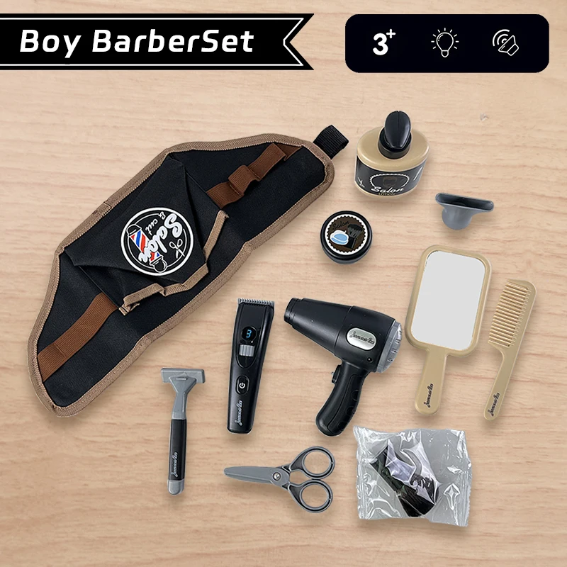 Kids Barber Role Play Set &ndash; Hair Stylist Toy Kit with Clippers, Comb, Razor, Scissors, Mirror, Hair Dryer, Shampoo, Gel & Belt