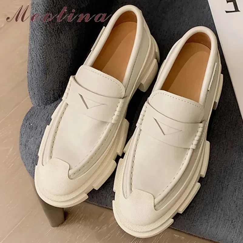 

Meotina Women Loafers Shoes Genuine Leather Thick Heels Pumps Round Toe Causal Med Heel Ladies Footwear Spring Autumn Black 42