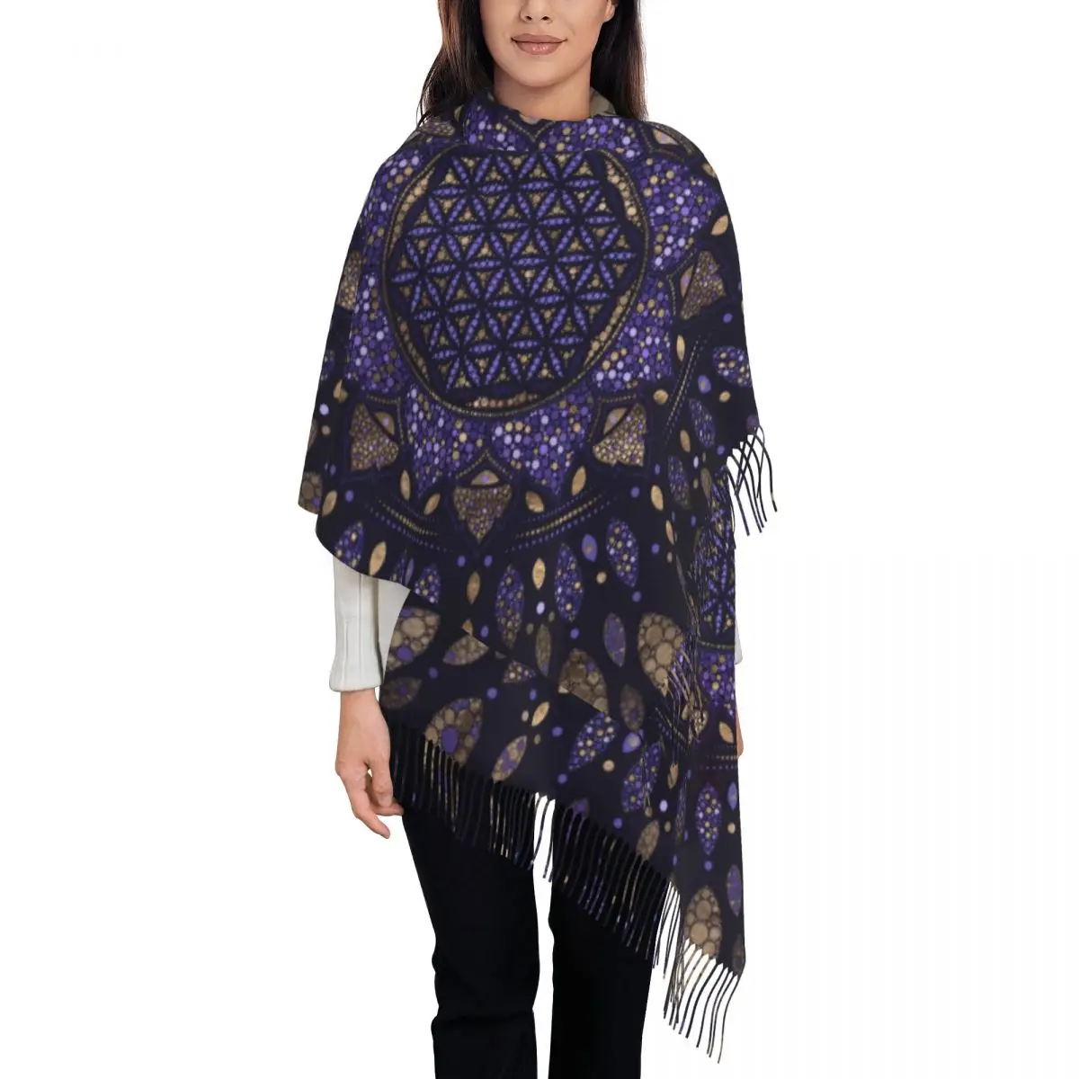

Customized Printed Flower Of Life In Lotus Dot Art Purples And Gold Scarf Winter Warm Scarves Dots Meditation Shawls Wraps