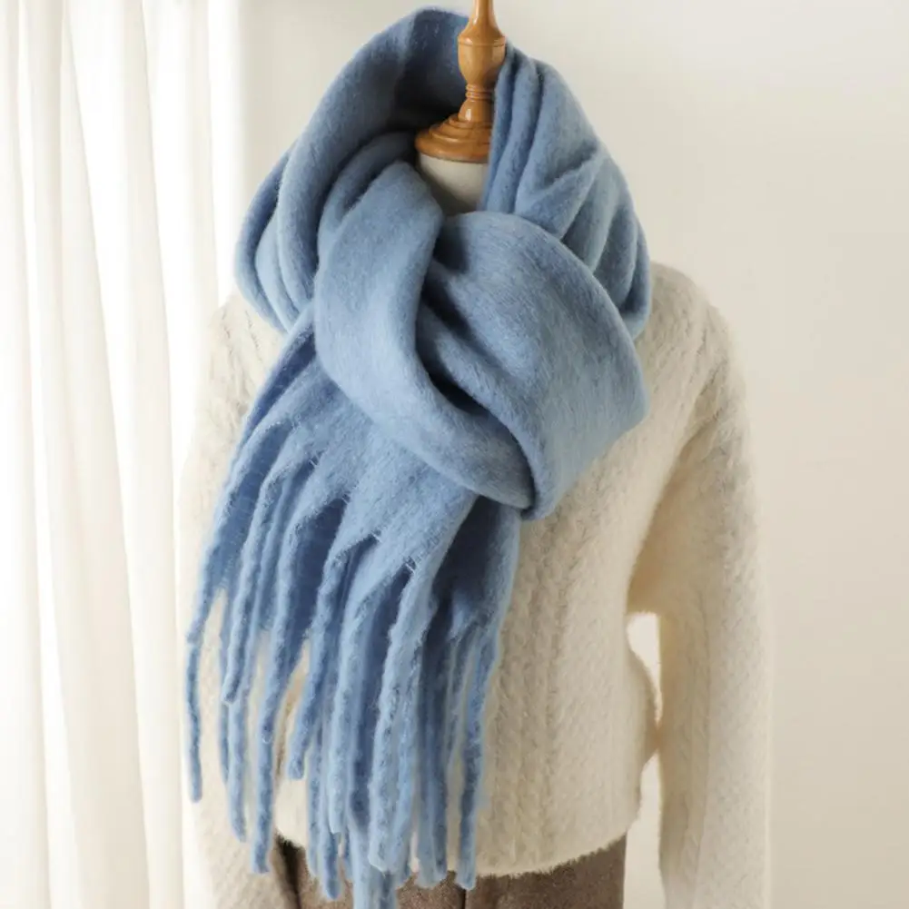 

Шарф женский из мягкого полиэстера, утепленный однотонный шарф с бахромой, мягкая теплая широкая шаль с длинным воротником, Осень-зима