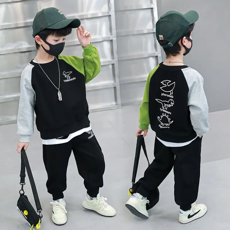 

Boys' Sets Spring Autumn Two Pieces O-Neck Sweater Long Sleeve Top Cuffed Pants Patchwork Cartoon Print Loose Causal 6-14 Yrs