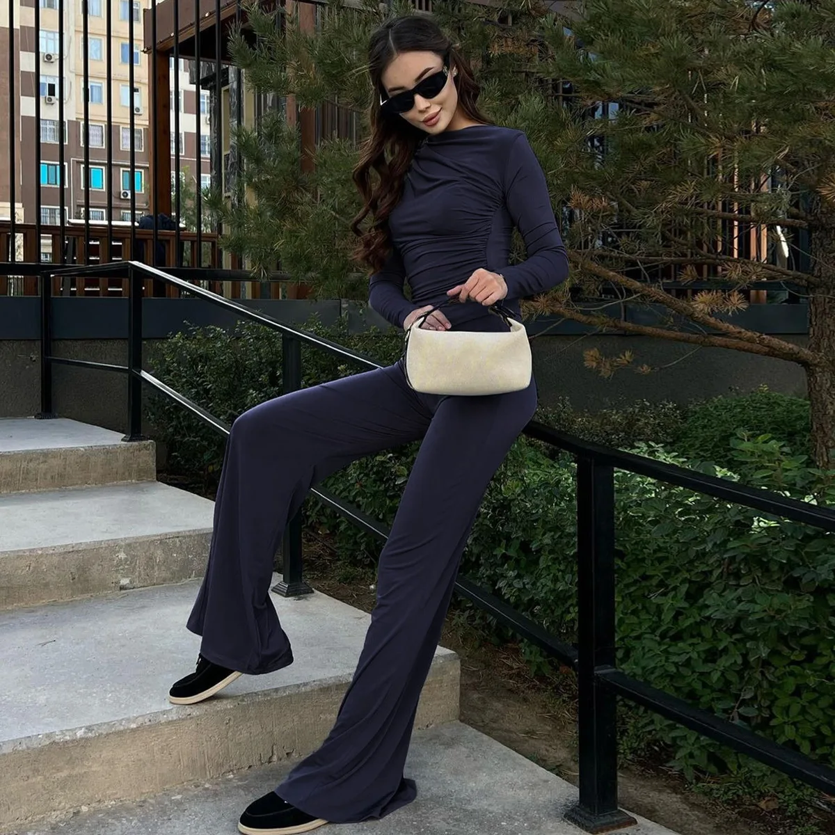 Fashion Autumn 2 Piece-Set Female Flared Pants Streetwear Slim Pleated Long Sleeve Casual Outfits Women's Pants Sets