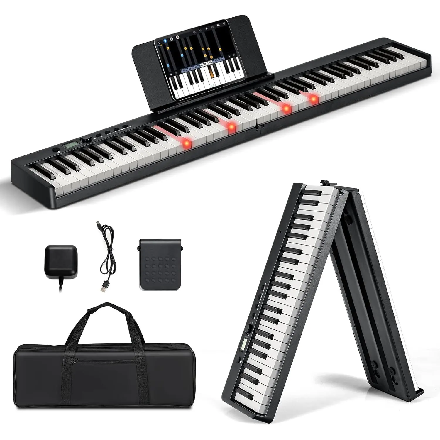 88 Keyboard Electric Piano Foldable Digital Keyboard Portable Digital Piano Set for Children and Adults (Black)
