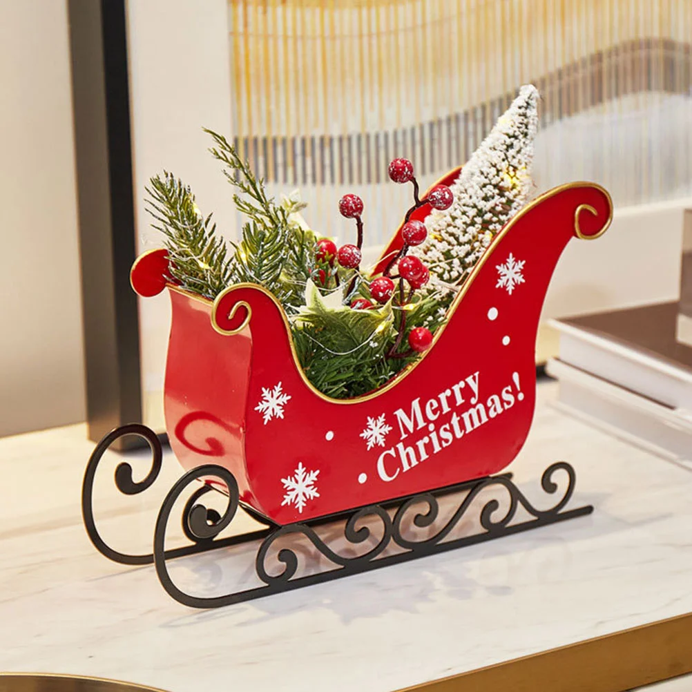 

Metal Christmas Sleigh Centerpieces Xmas Sleigh with Simulation Plant Christmas Decor for Table Top Holiday Home Decorations