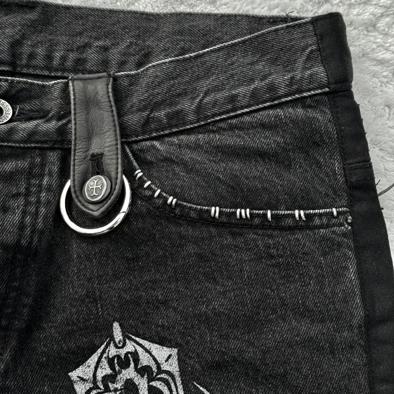 Y2K Dark Gothic Jeans Micro Flared Cross Leather Pocket Denim Pants Retro Harajuku Heavyweight Unisex Loose Streetwear Trousers 5