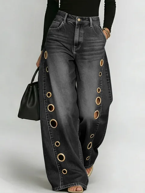 Missuoo Women's Washed Blue High-Waist Metal Grommet Wide Leg Jeans 2026 Casual Loose Fit Streetwear Pants Casual Trousers 5