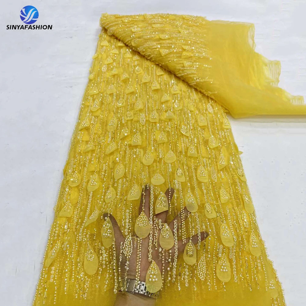 

Sinya Yellow African Nigerian 3D Lace Fabric 2024 High Quality Sequins Pearls Beaded Lace Fabric Luxury French Mesh Tulle Lace