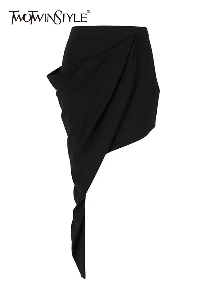 

TWOTWINSTYLE Black Casual Asymmetrical Skirt For Women High Waist Solid Minimalist Irregular Hem Mini Skirts Female Clothing New