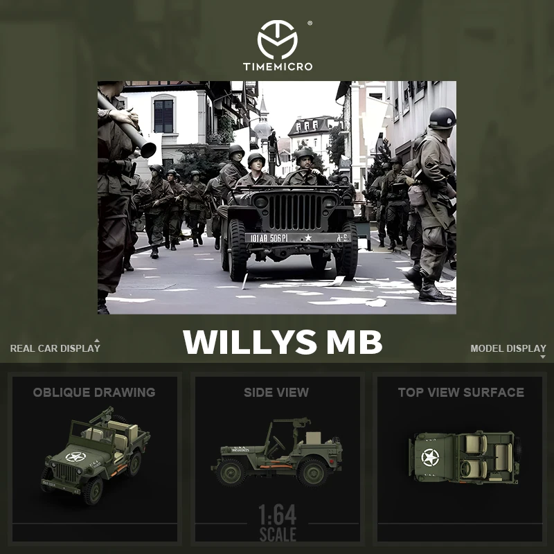 

TM In Stock 1:64 WW2 Willys MB Military Vehicles Alloy Diorama Car Model Collection Miniature Carros Toys Time Micro