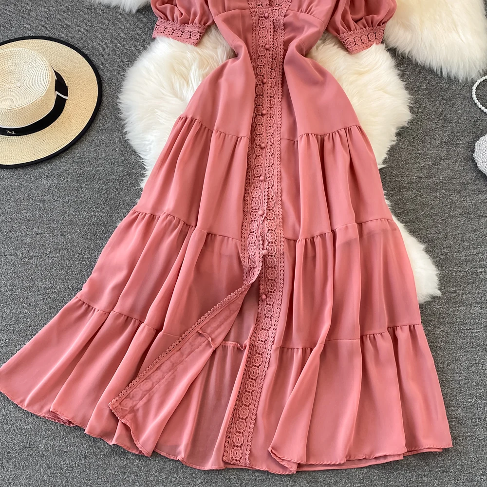 New Women Vintage Party Dress Summer Puff Sleeve Sexy V Neck Lace Single-breasted Long Dresses Ladies A Line Elegant Long Robe