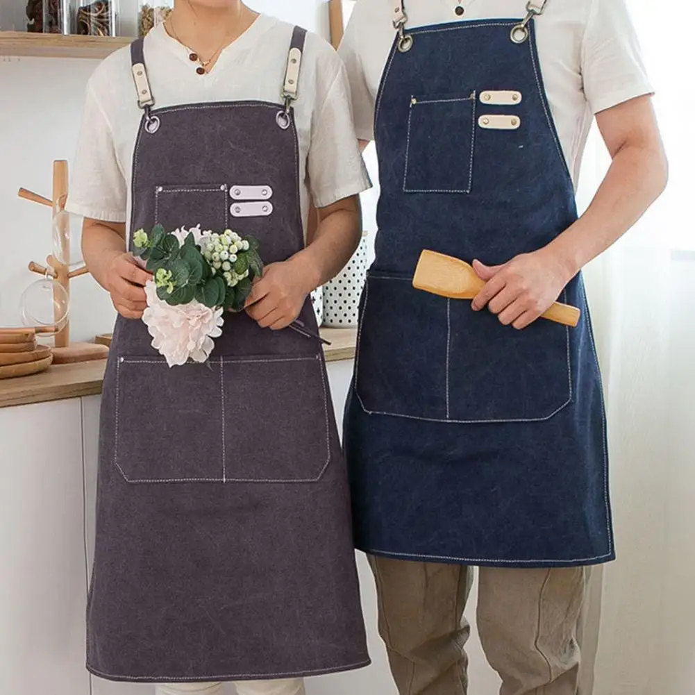 

Work Apron Pocket Design Faux Leather Shoulder Strap Classify Place Small Items Anti-dirty Vintage Haircut Apron Home Supplies