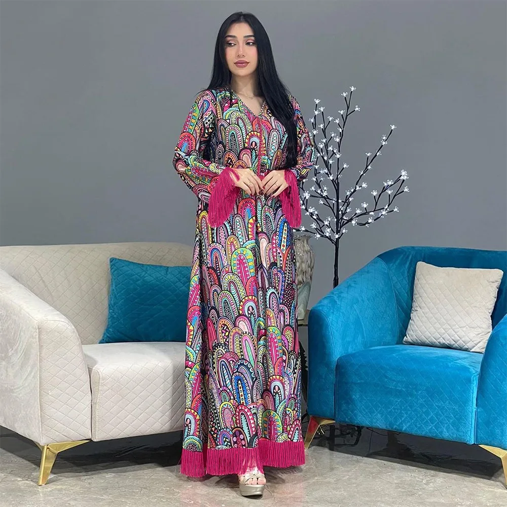 Saudi Arab Women Dress Fashion Printing Tassel Patchwork Long Sleeve Casual Losse Abaya Moroccan Dubai Daily Party 2024