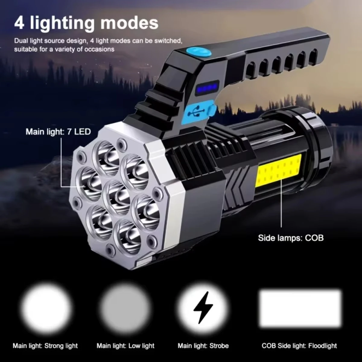 7LED USB Rechargeable Flashlight – High Power with COB Side Light 1
