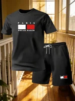 Ensemble 2 pièces pour homme, t-shirt à manches courtes à col rond imprimé Paris, short, style décontracté à la maison, vêtements de sport imprimés pour homme 6